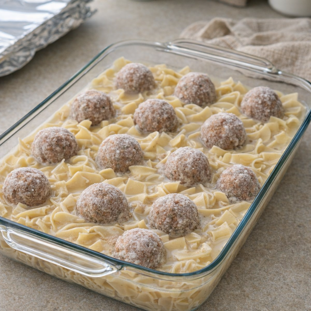 Unbaked meatball stew assembled before going into the oven
