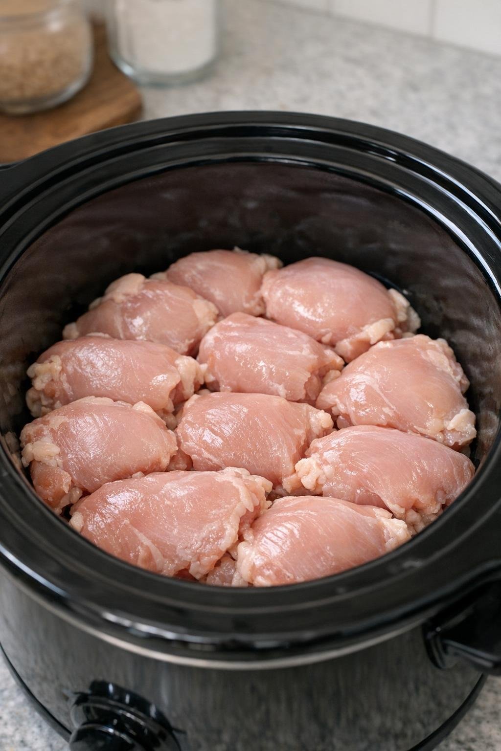 Raw chicken thighs arranged in a slow cooker