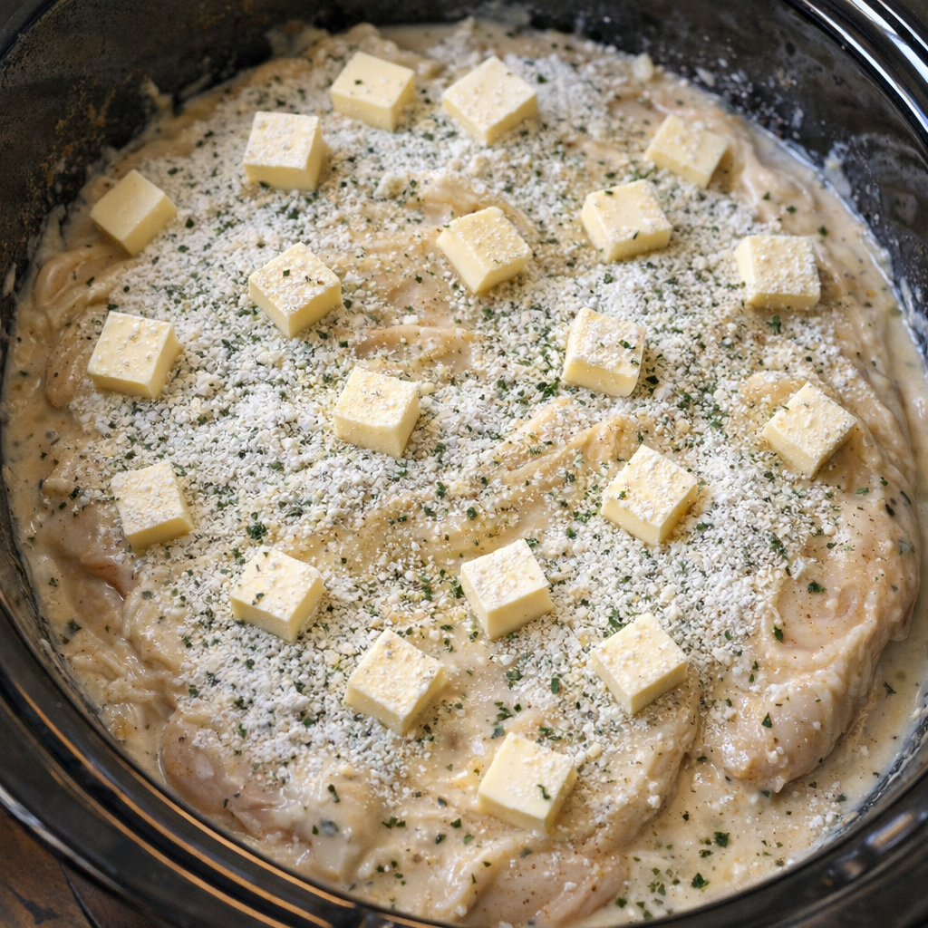 Slowcooker gevuld met een laagje kippensoepmengsel en boter.