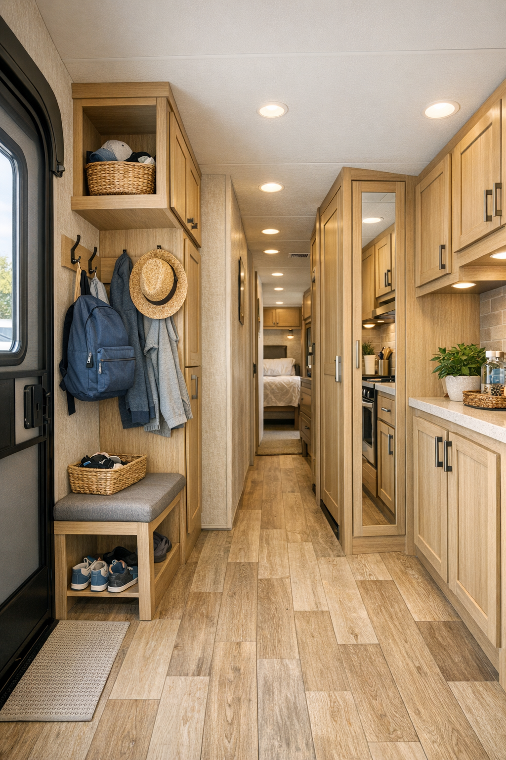 RV hallway and utility area with smart storage and light wood finishes