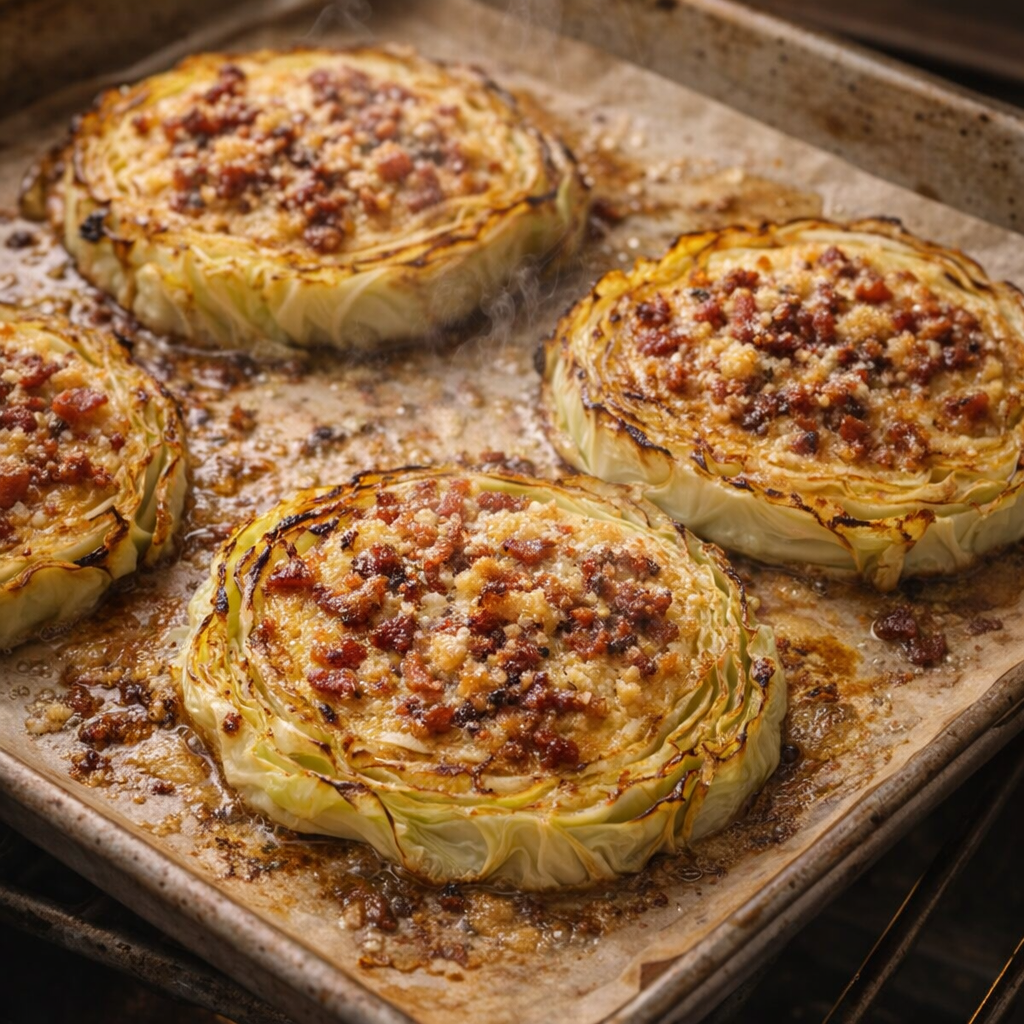 Cabbage steaks roasting on a sheet pan