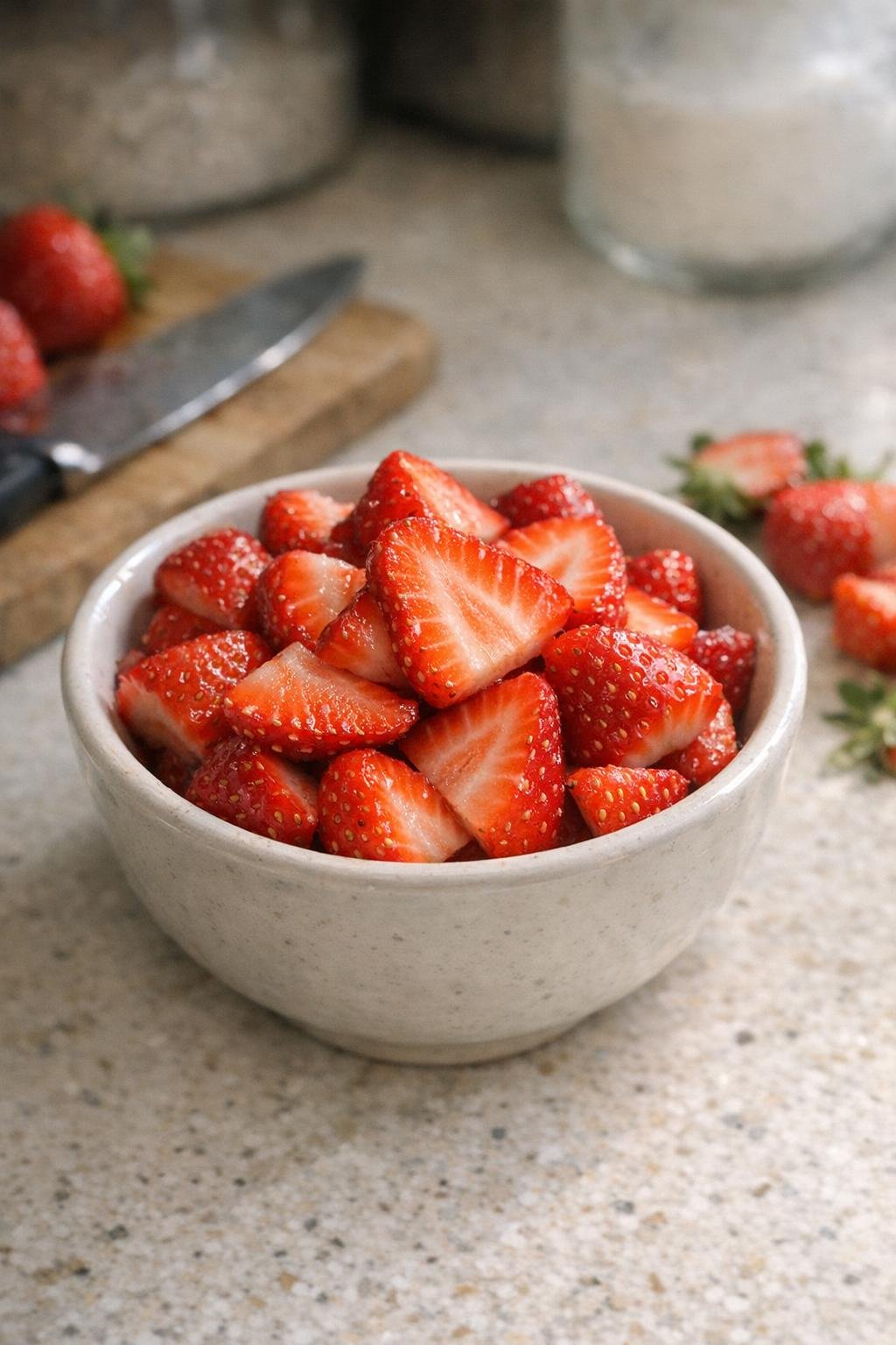 Fresh sliced strawberries in a small bowl prepared for a dog treat