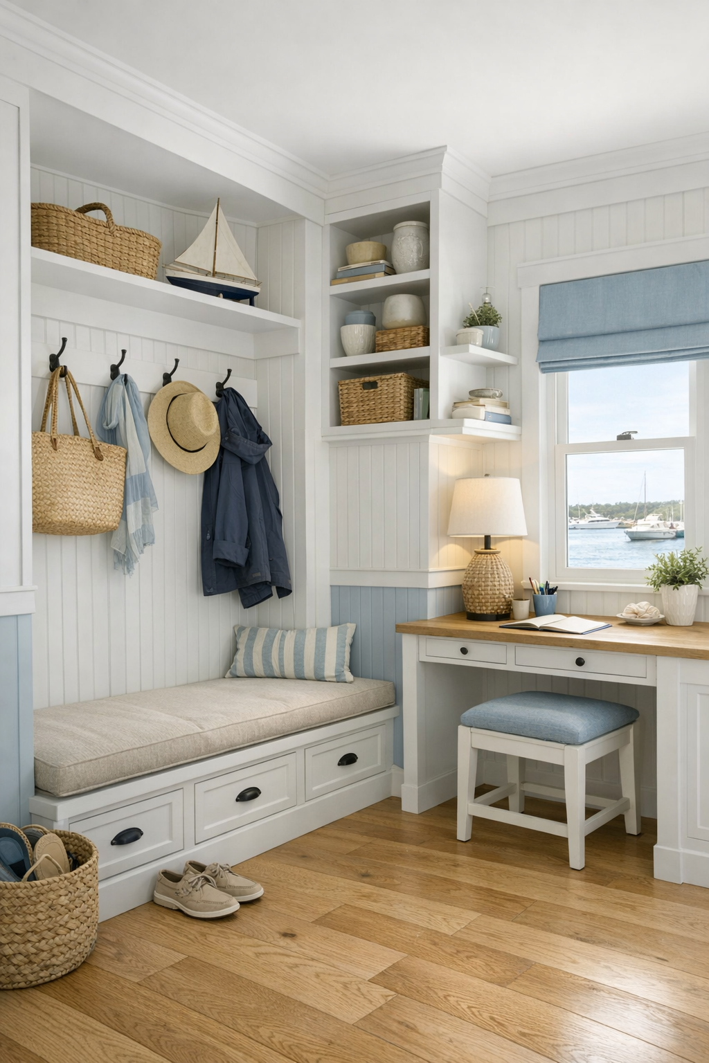 Built-in entry nook and flexible workspace in a charming coastal houseboat interior