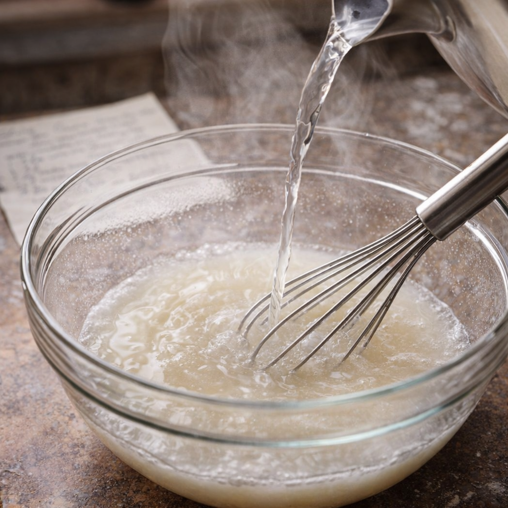 Sugar and flour mixture being whisked with hot water