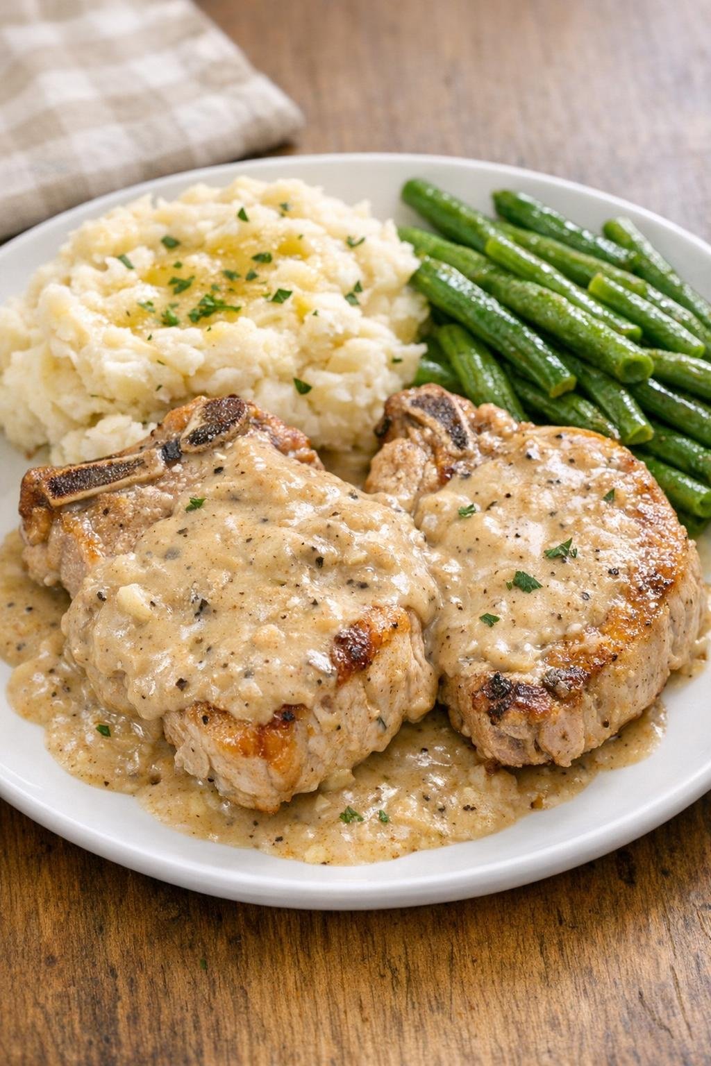 Finished slow cooker pork chops plated with creamy gravy
