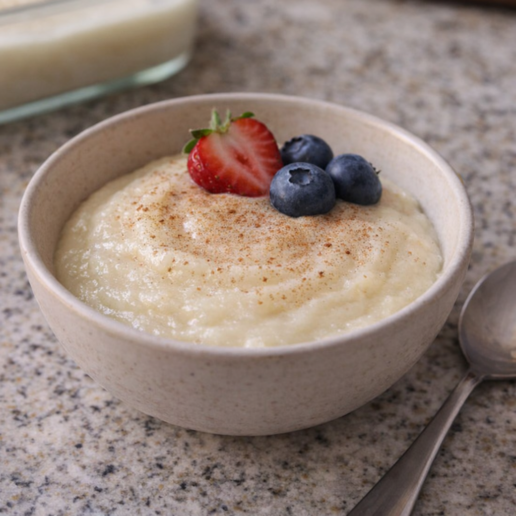 Served cornstarch pudding topped with berries and cinnamon