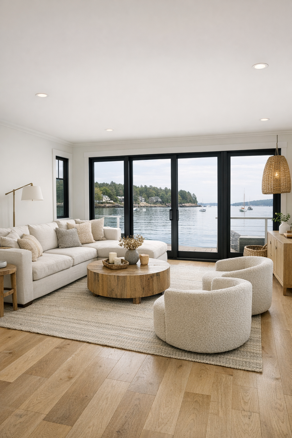Accessible coastal houseboat living room with pale oak, soft blue-gray seating, and large harbor-facing windows