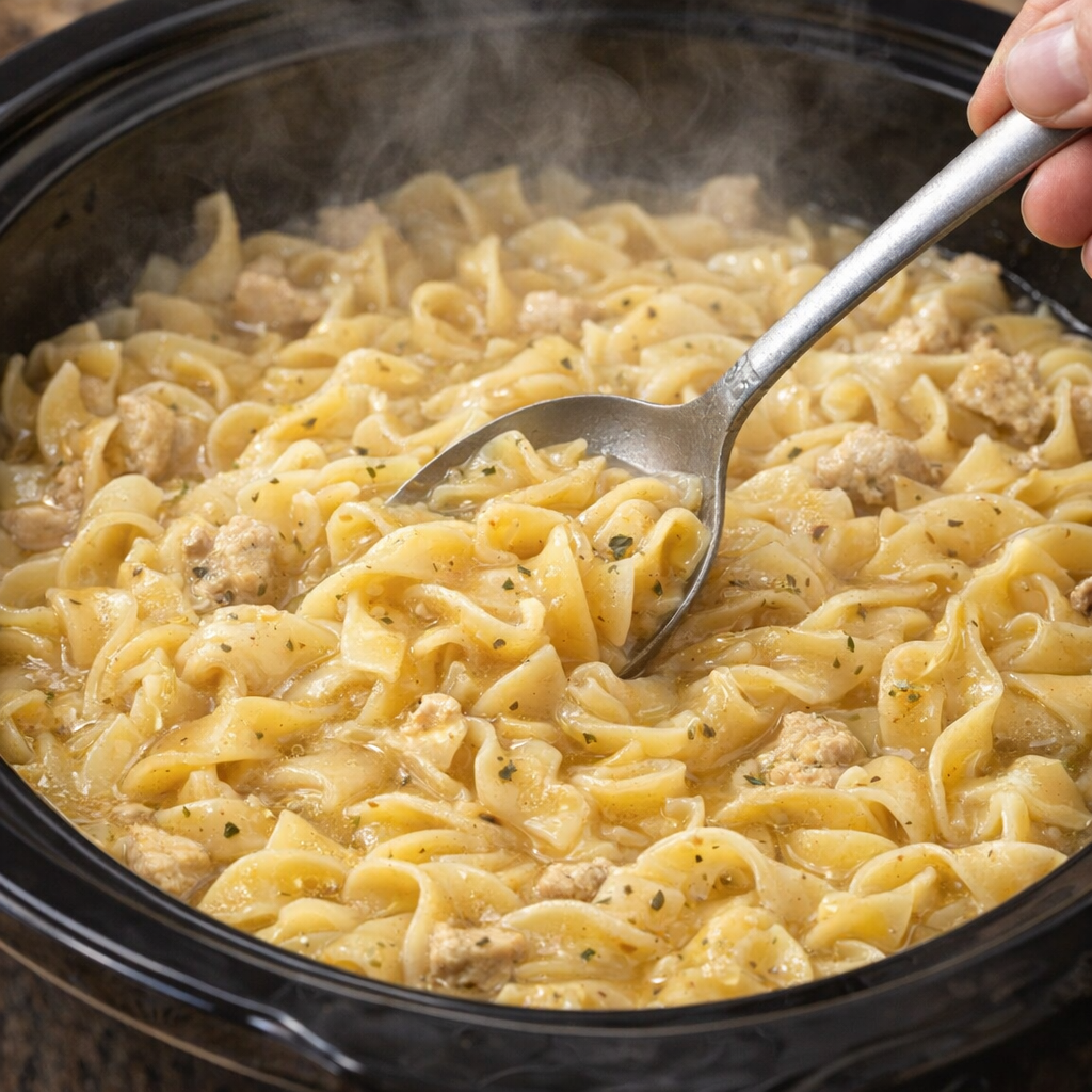 Cooked buttered noodles being stirred in the slow cooker