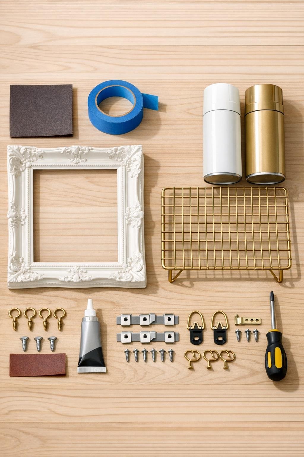 Materials for a framed cooling rack earring display laid out neatly