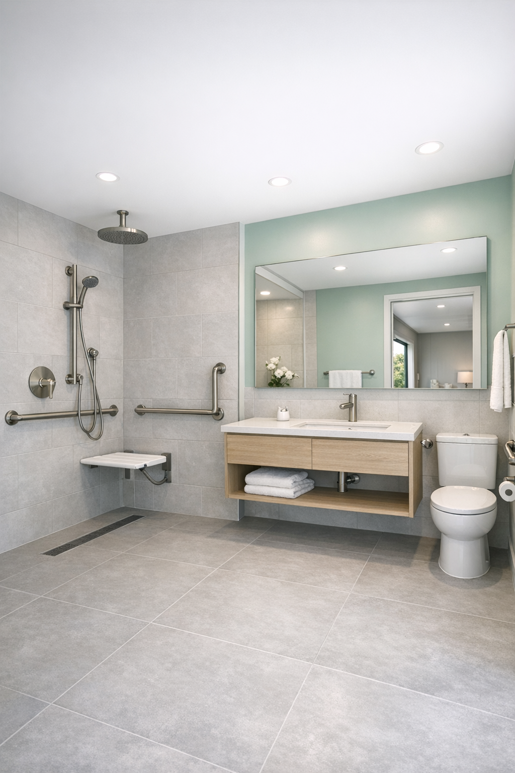 Accessible bathroom with curbless shower, floating vanity, and large light tile