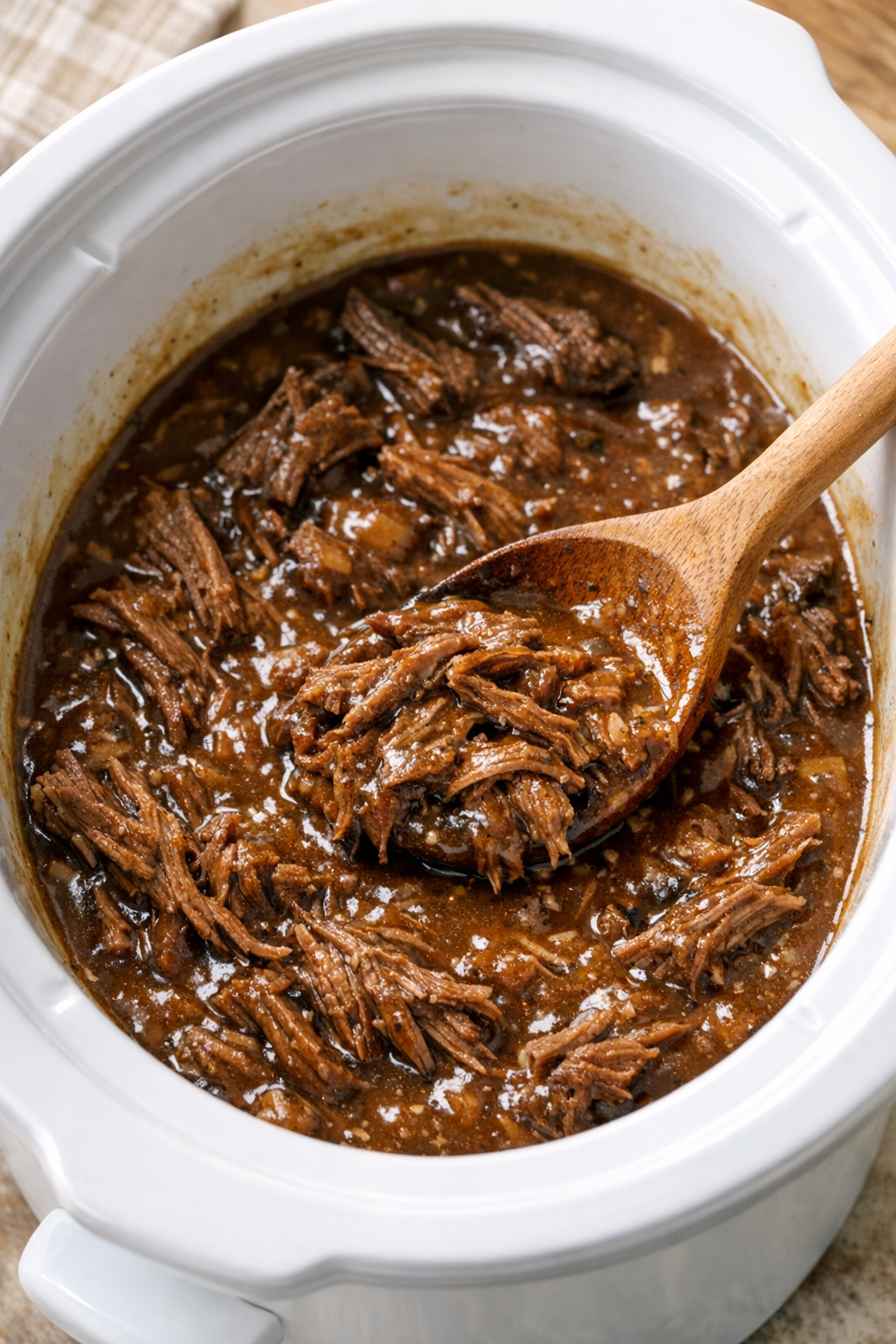 Shredded beef stirred back into the gravy