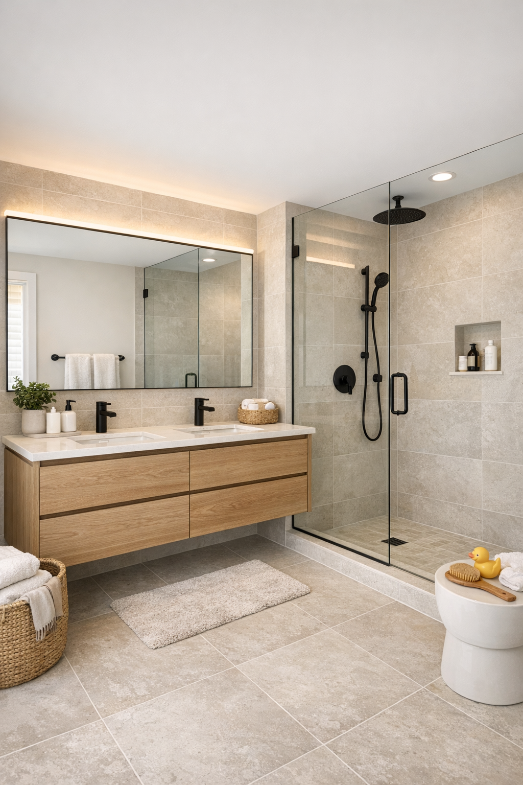 Modern bathroom with floating wood vanity, stone-look tile, black fixtures, and glass shower