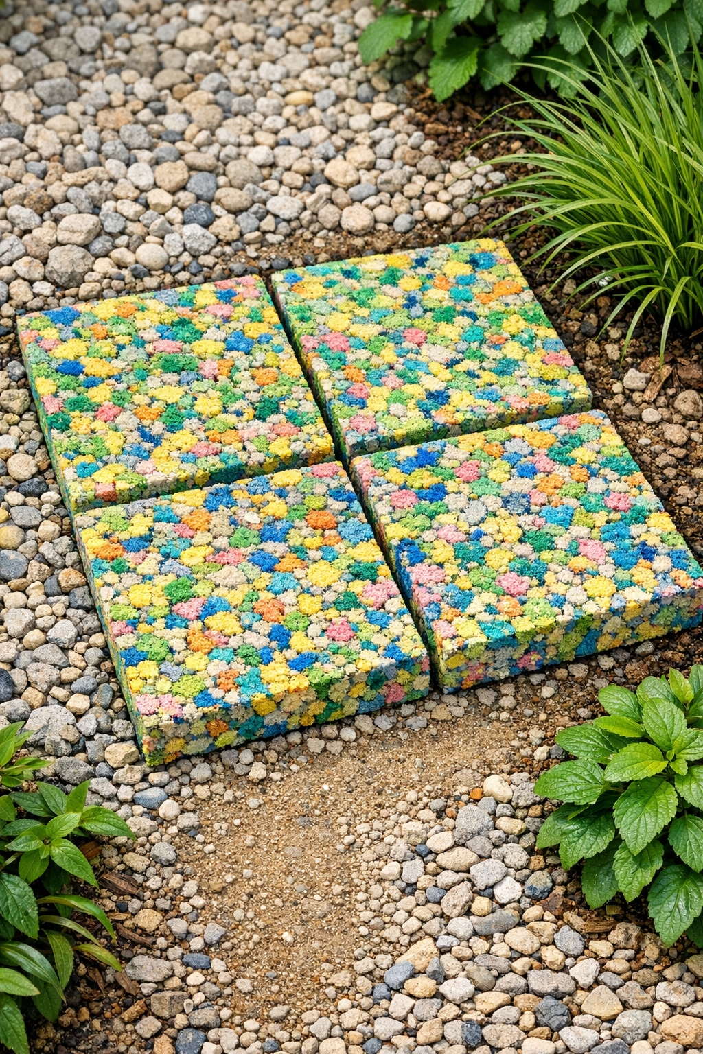 Finished sponge-based patio paver stones arranged in a garden path