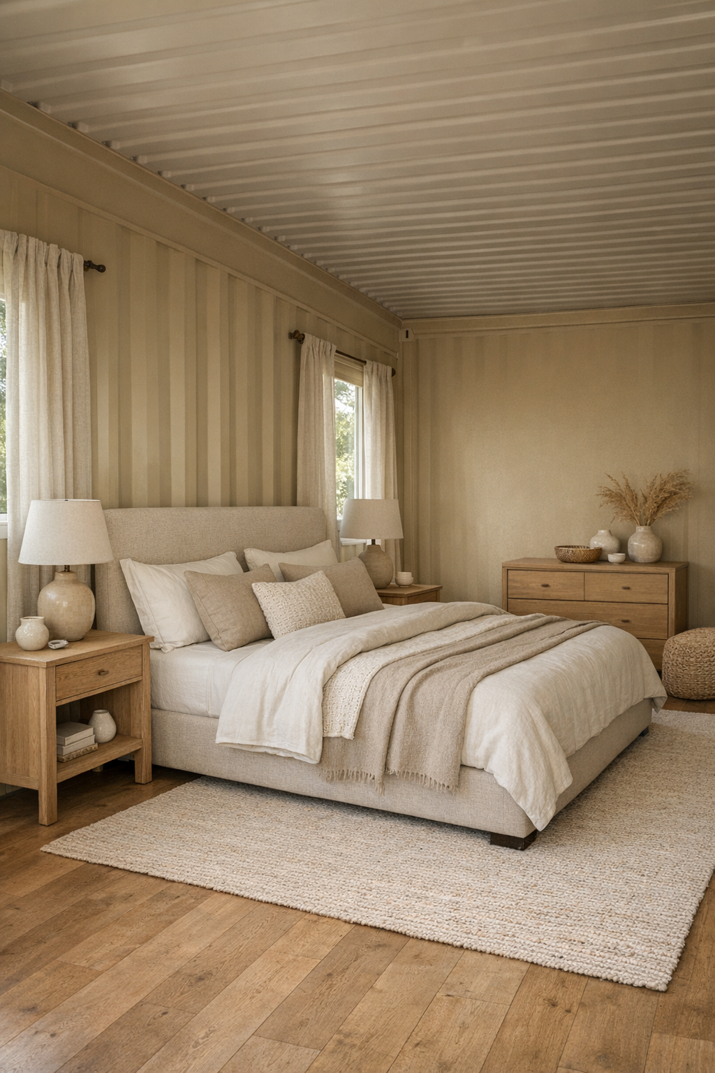 Calm neutral bedroom with upholstered bed, soft layered textiles, and wide clearances