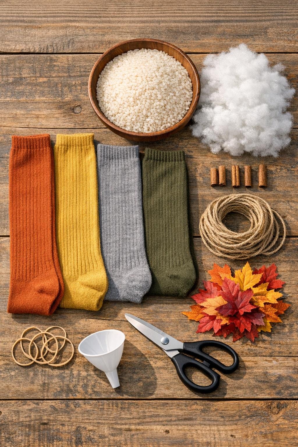 Materials for making four wool sock pumpkins laid out on a table