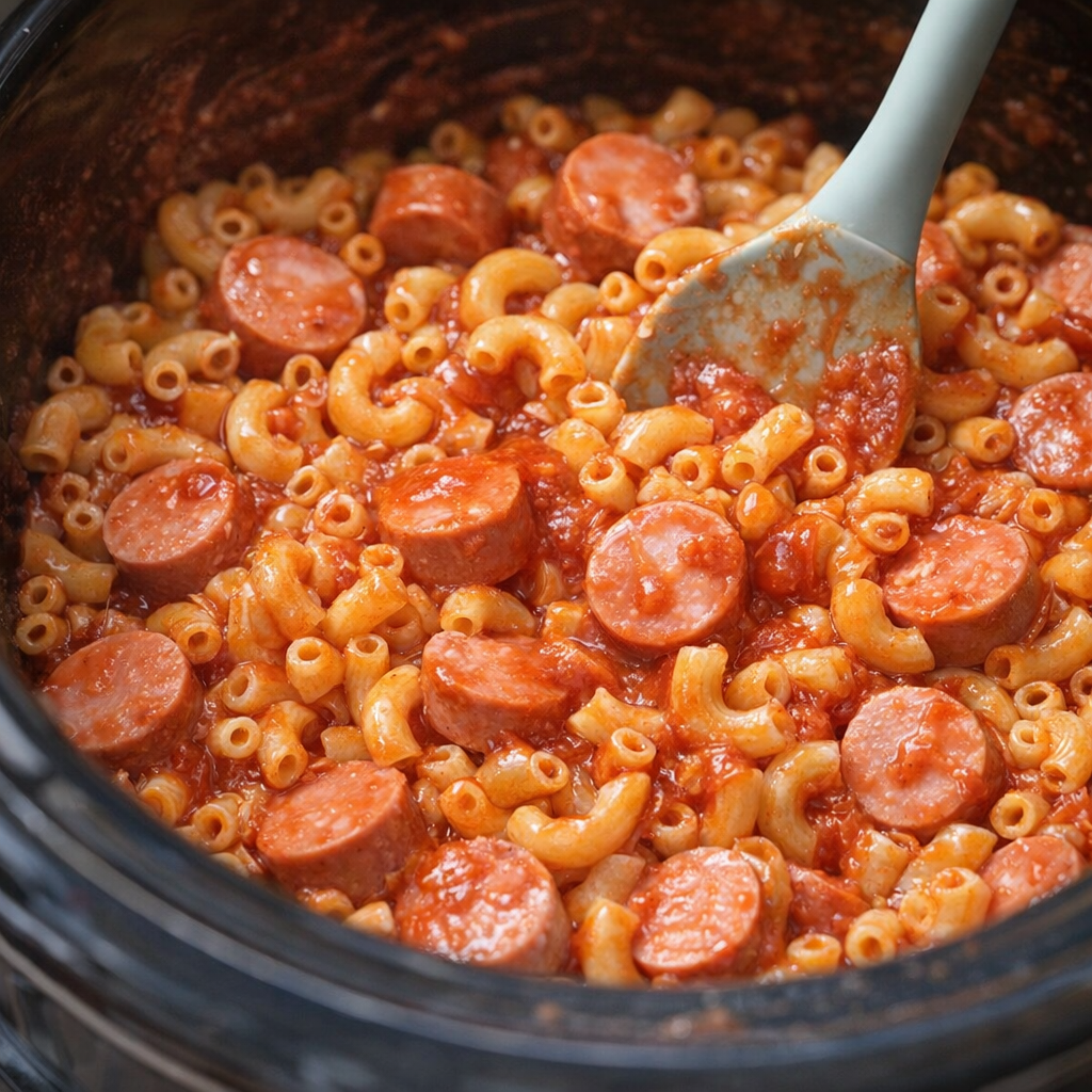 Slow cooker filled with uncooked macaroni hot dogs and ketchup