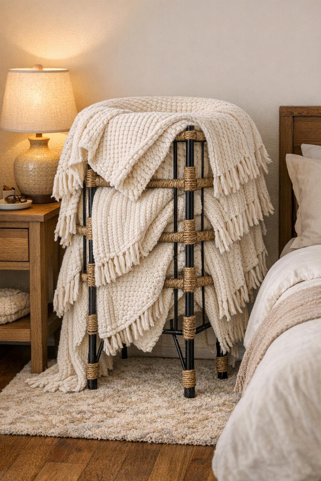 Finished DIY cozy blanket warmer made from a plant stand wrapped with twine