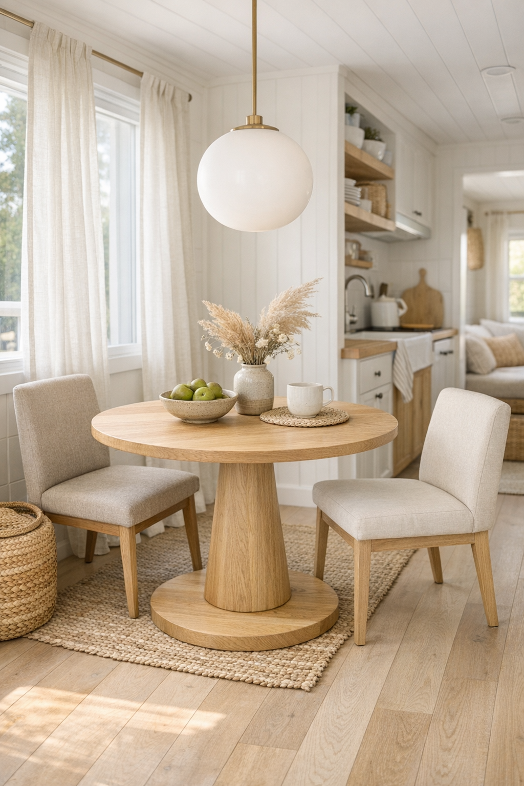 Tiny home dining area with round oak table, soft neutral palette, and gentle pendant lighting