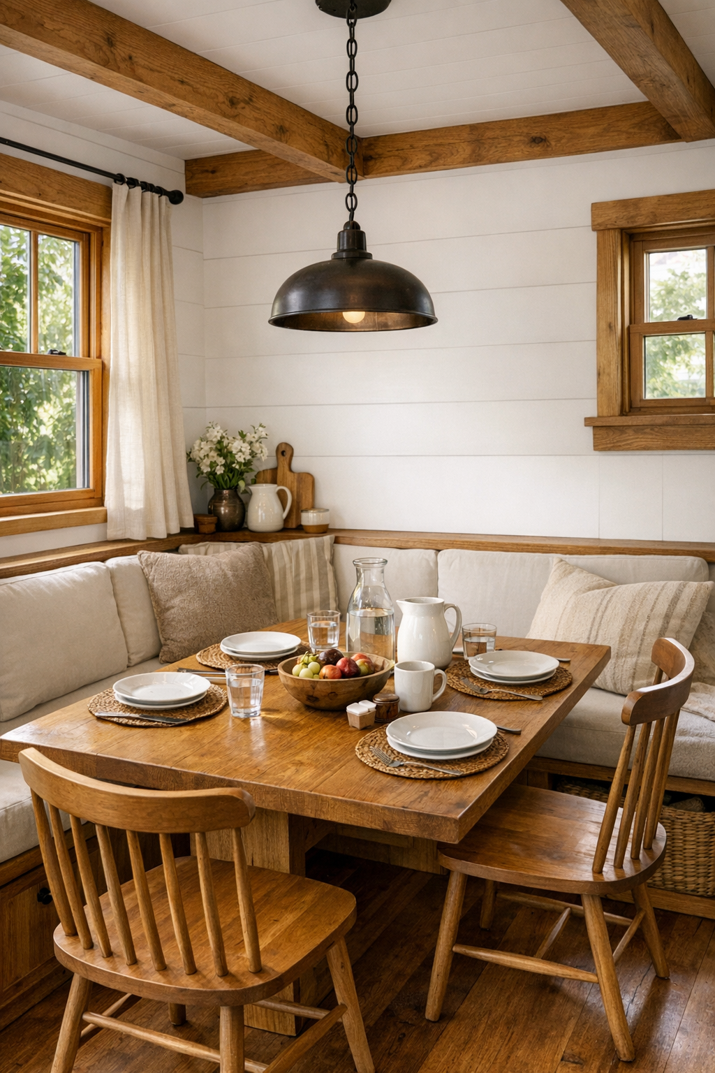 Cozy tiny home dining area with a solid oak table, built-in bench seating, spindle-back chairs, and warm pendant lighting