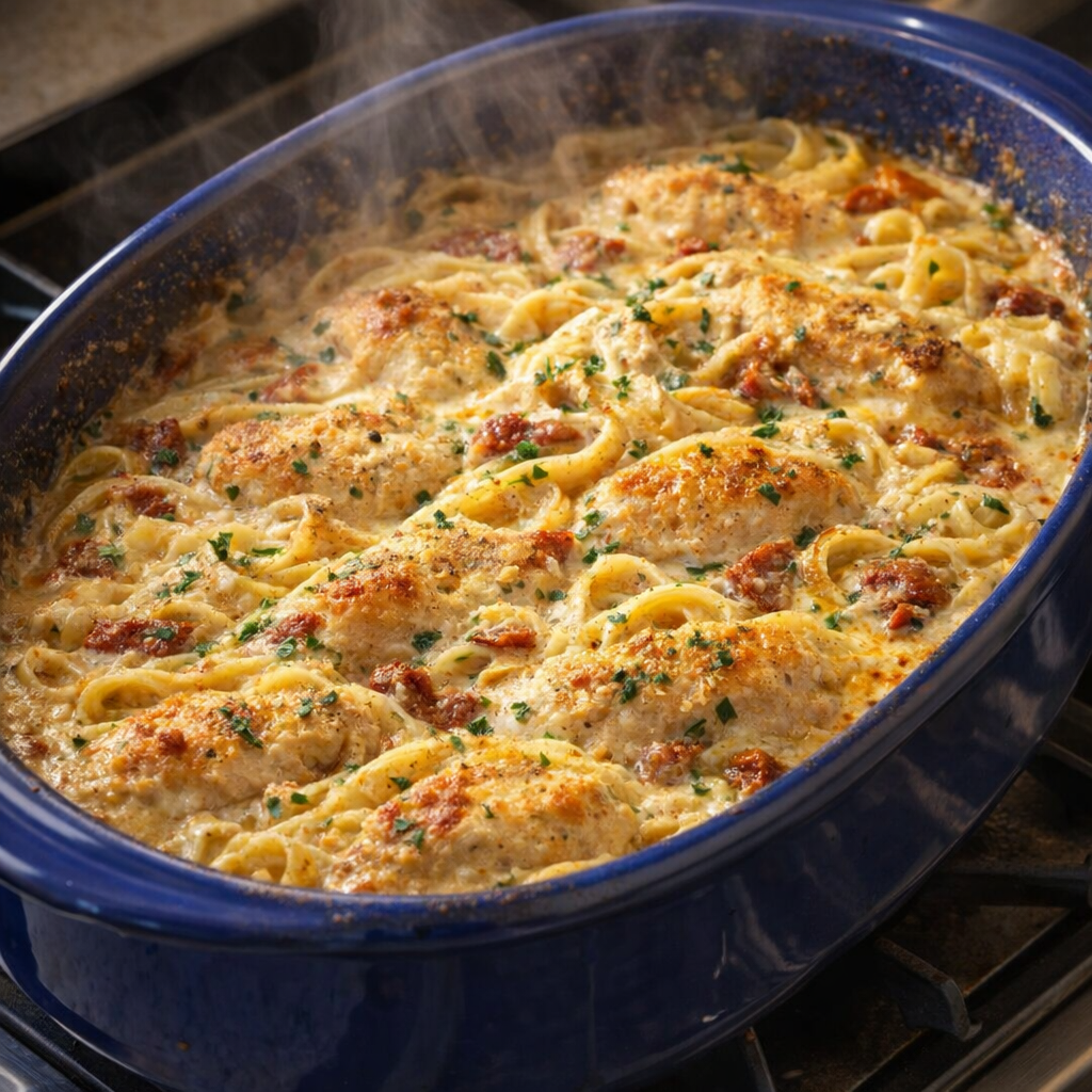 Golden baked chicken pasta with bubbling edges fresh from the oven