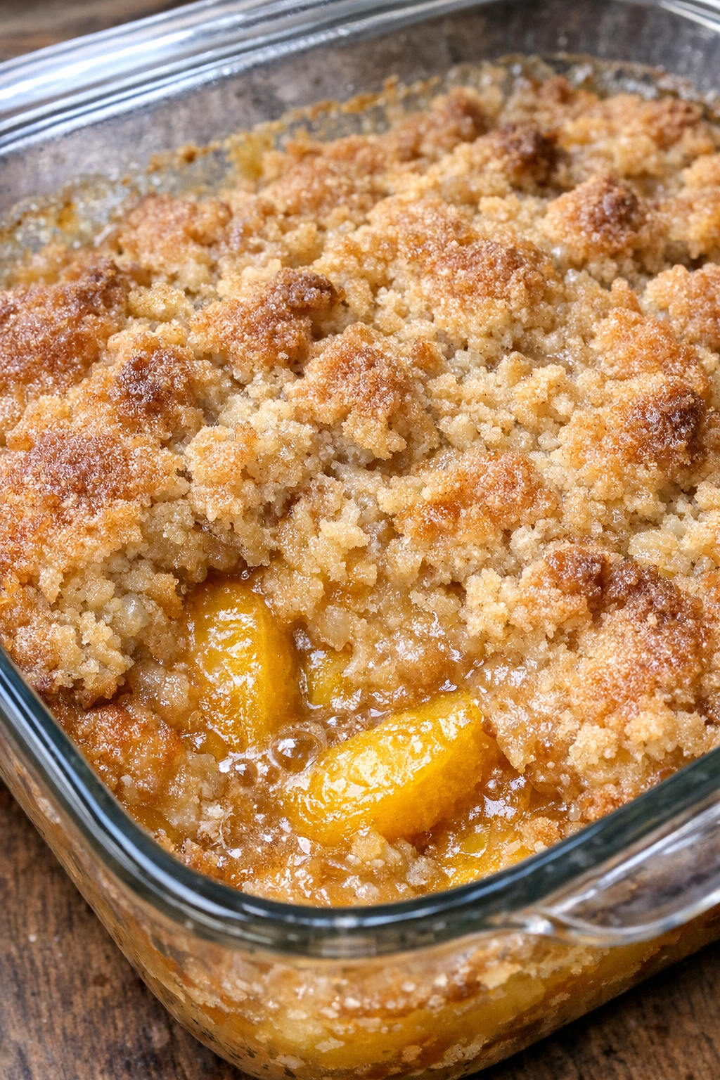 Warm peach cobbler with golden topping