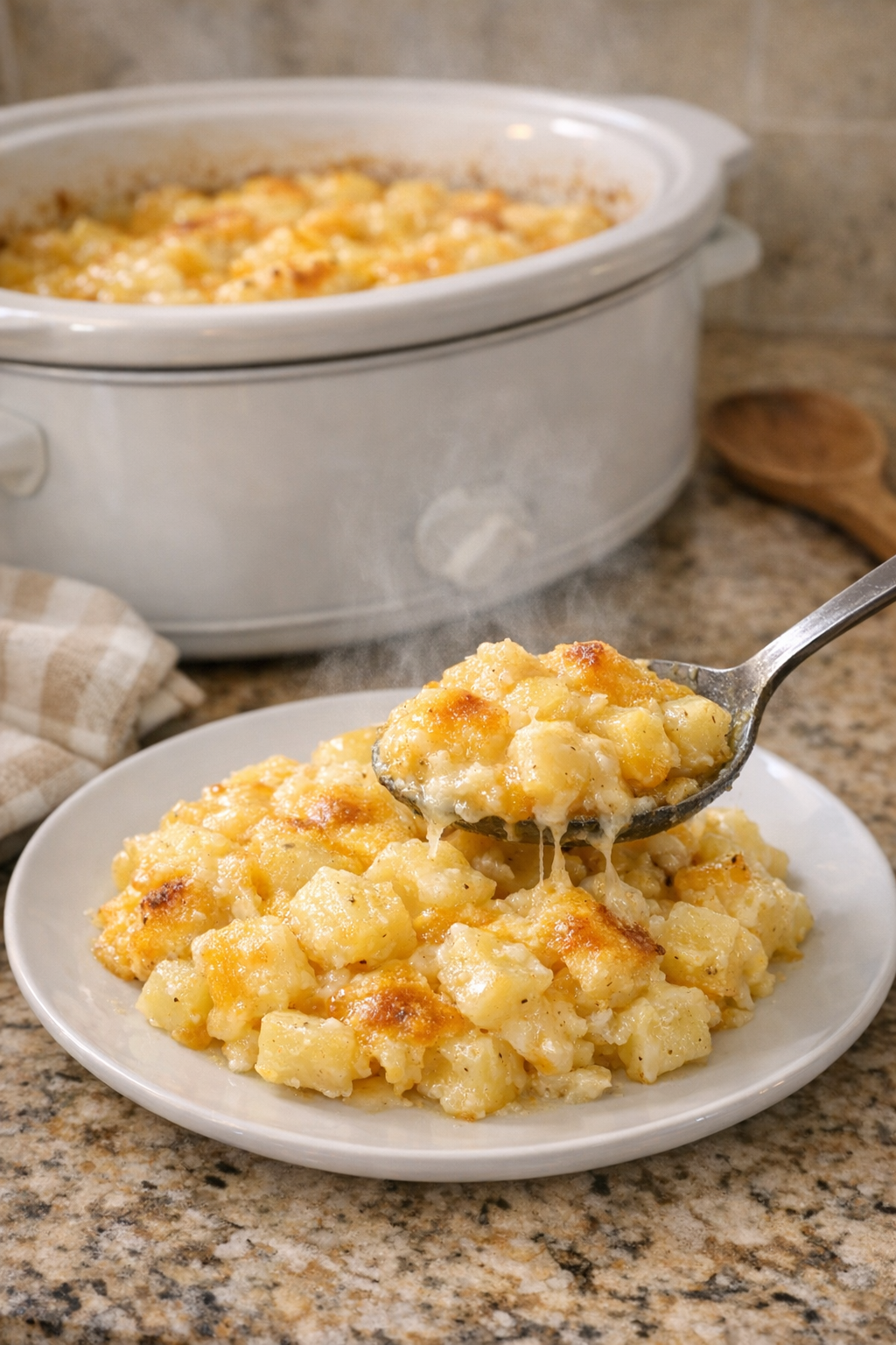 Finished cheesy potato bake plated from the slow cooker