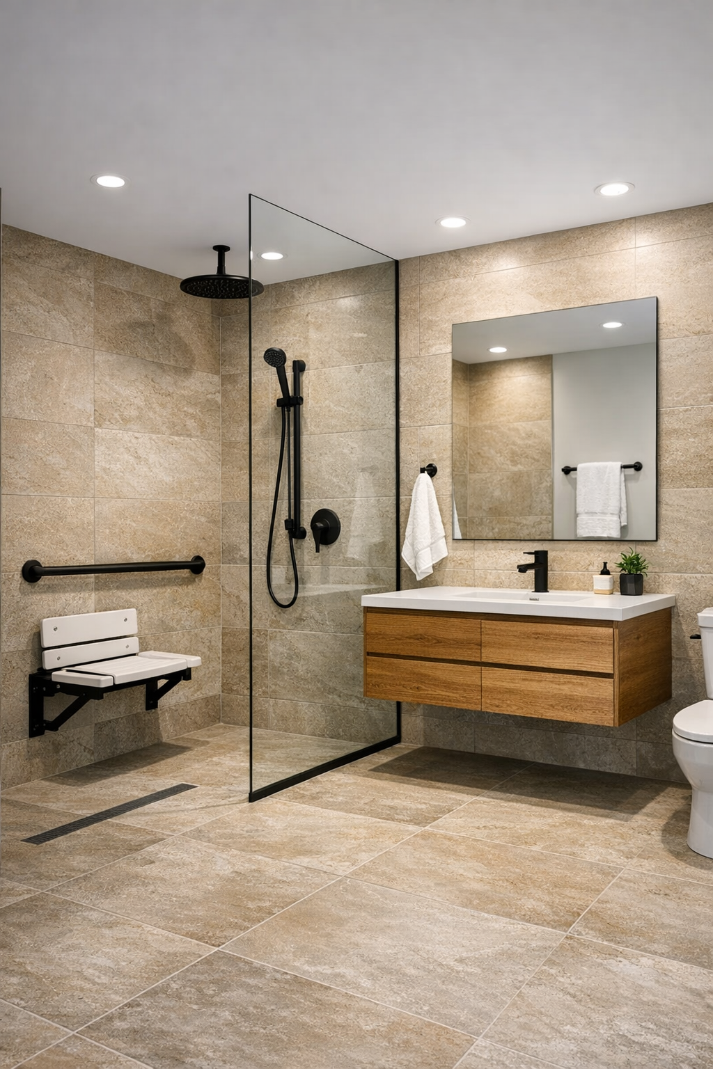 Accessible modern bathroom with a curbless shower, stone-look tile, and a floating wood vanity