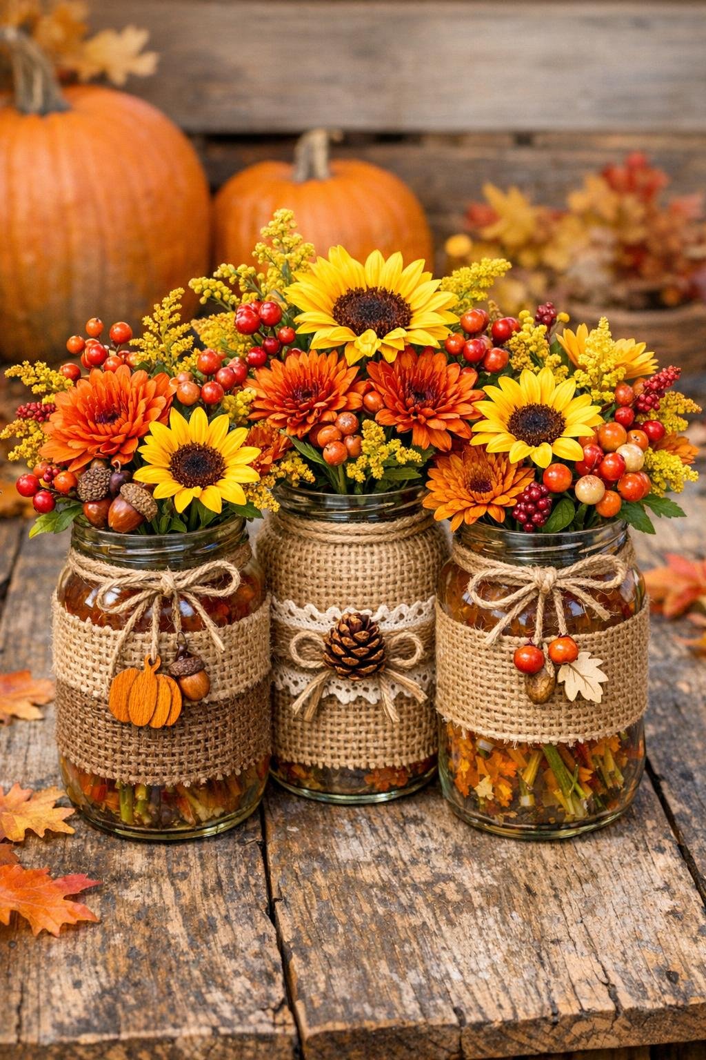 Finished trio of autumn flower vases made from salsa jars