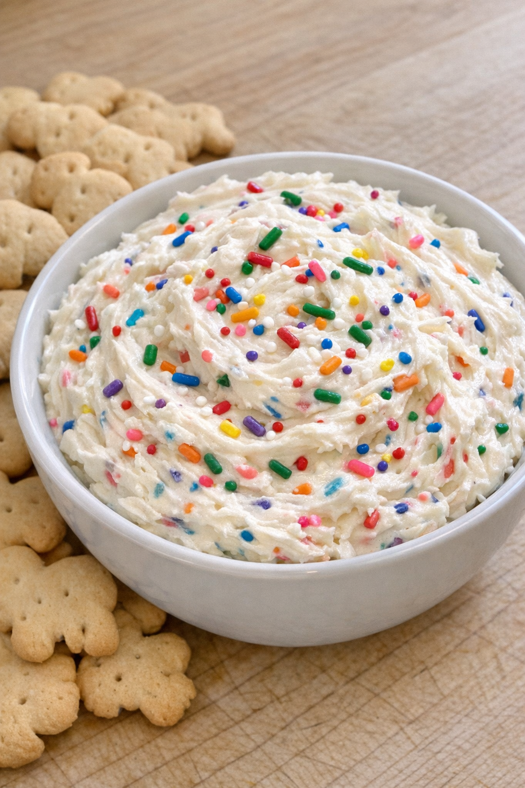 Funfetti dip in a white bowl with animal crackers