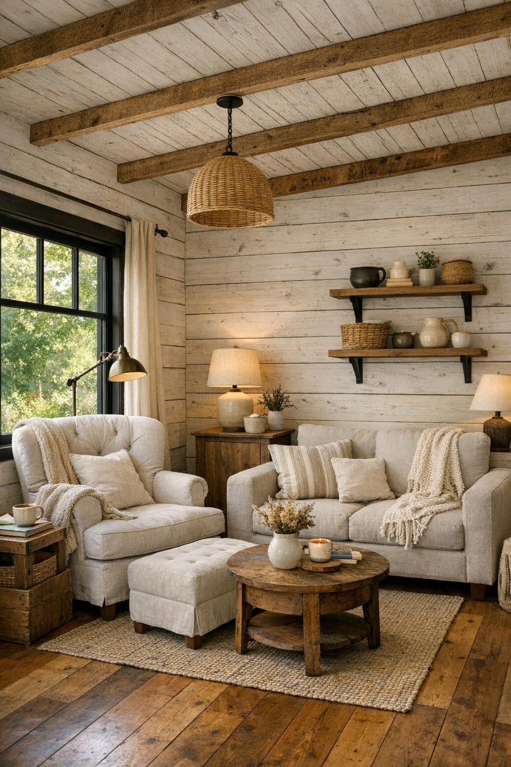 Cozy tiny home living room with a reading corner by the window