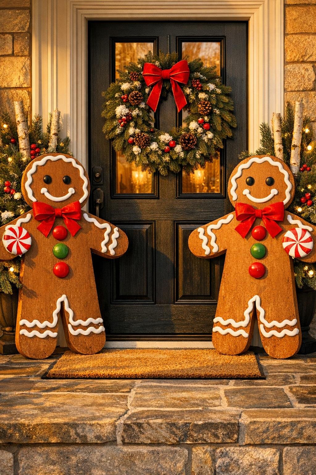Finished giant porch gingerbread men flanking a front door