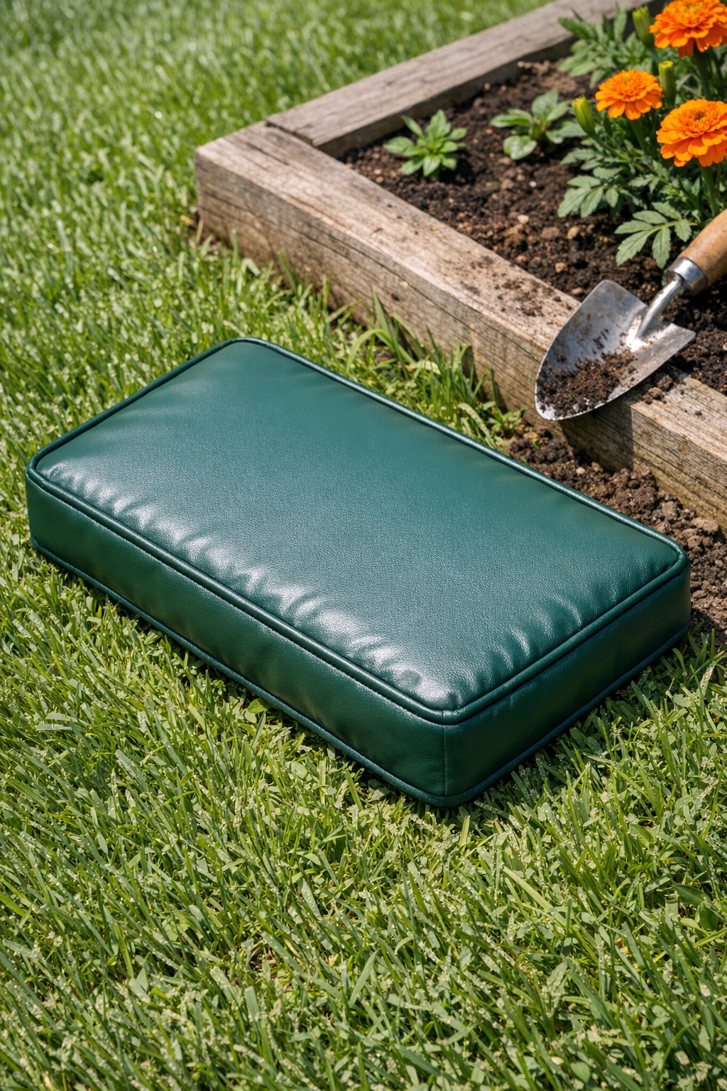 Finished waterproof vinyl garden kneeler on backyard grass