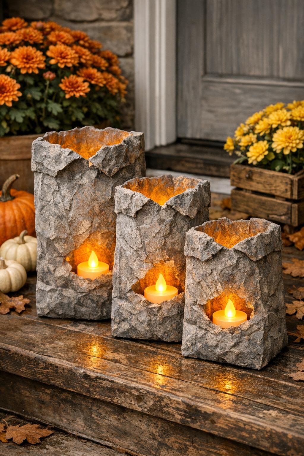Finished rustic cement paper bag lanterns styled on a fall porch