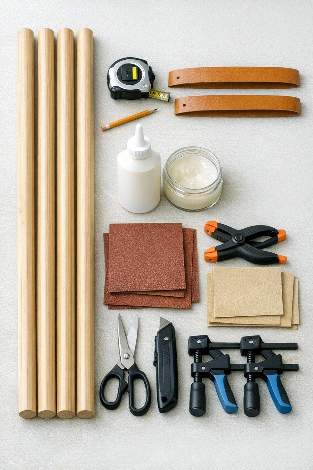 Materials for a wooden broom handle and leather strap blanket ladder laid out neatly