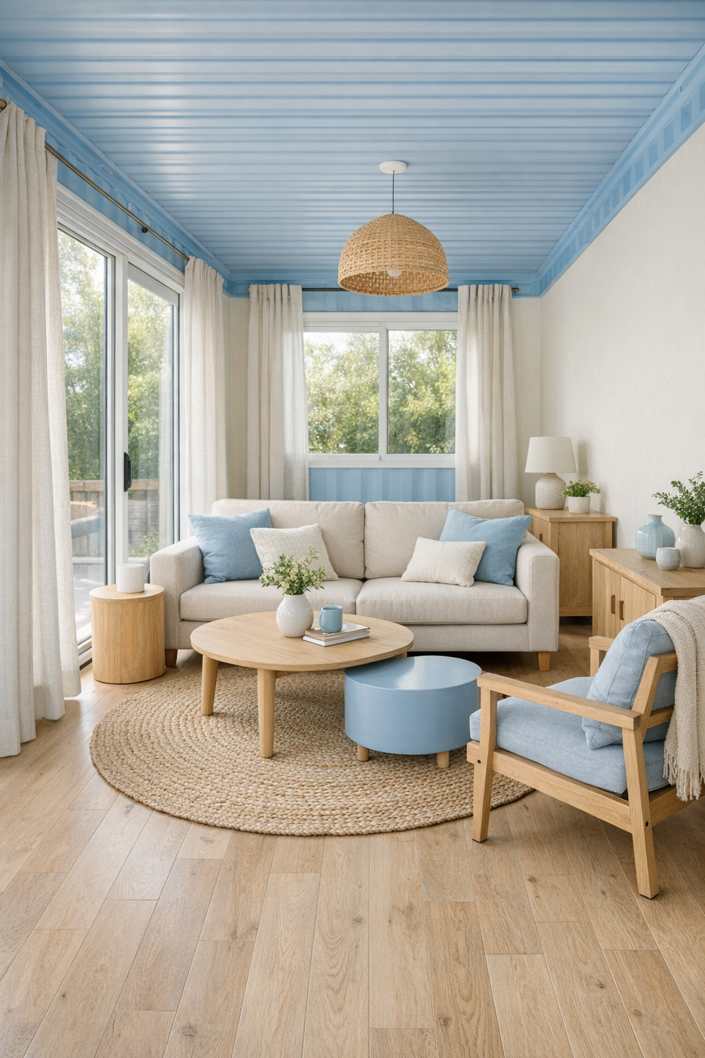 Accessible modern living room with pale oak floors, cream walls, and soft sky blue accents