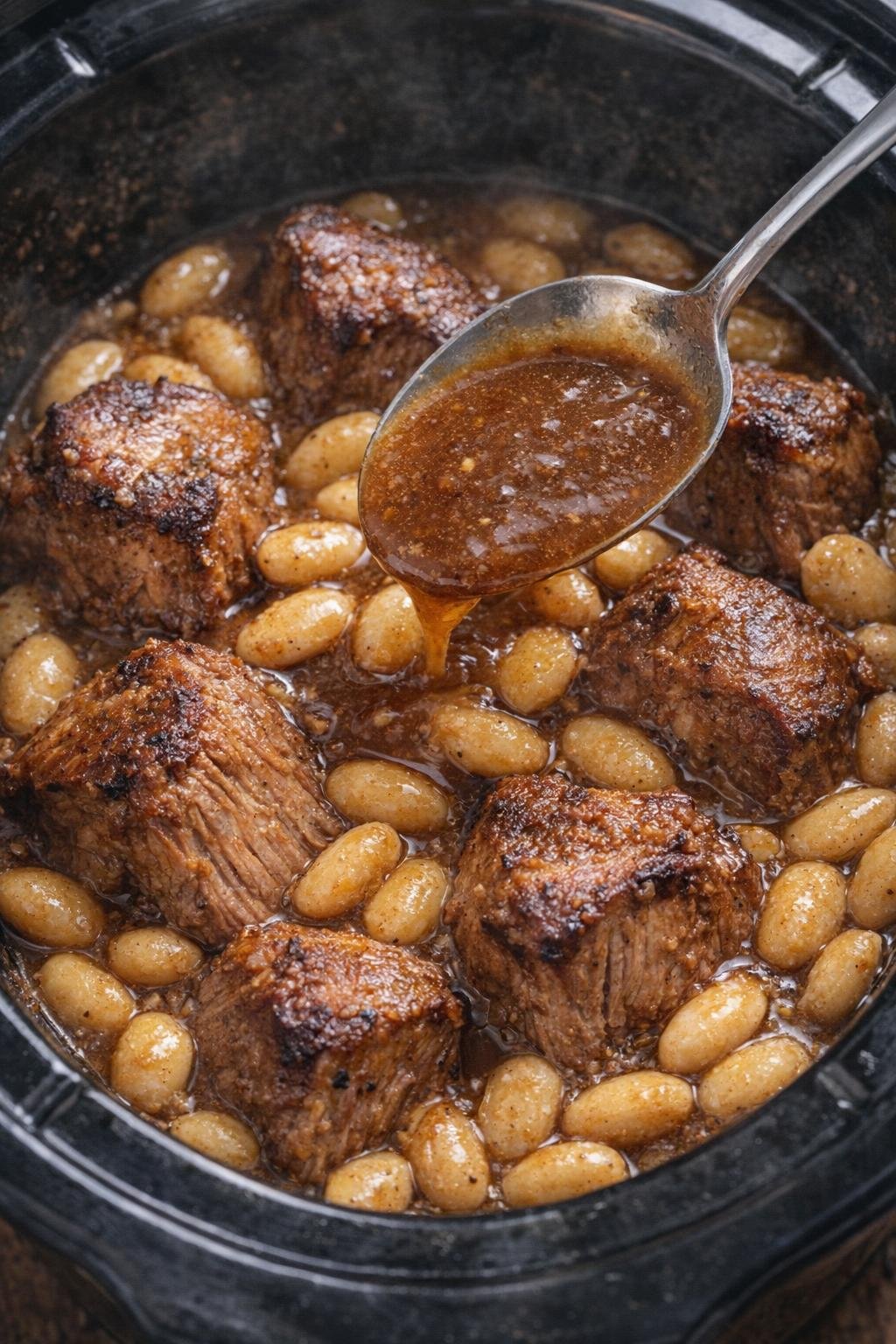 Tender pork and beans in rich brown gravy