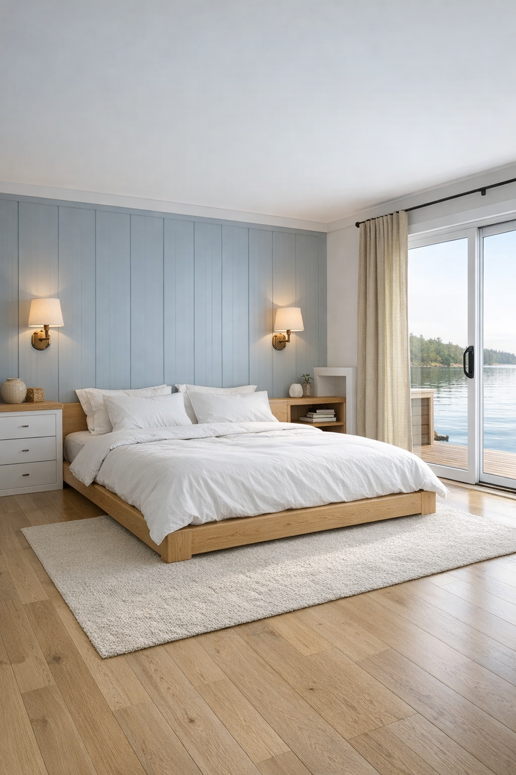Serene bedroom with oak bed, blue-gray walls, and soft layered bedding