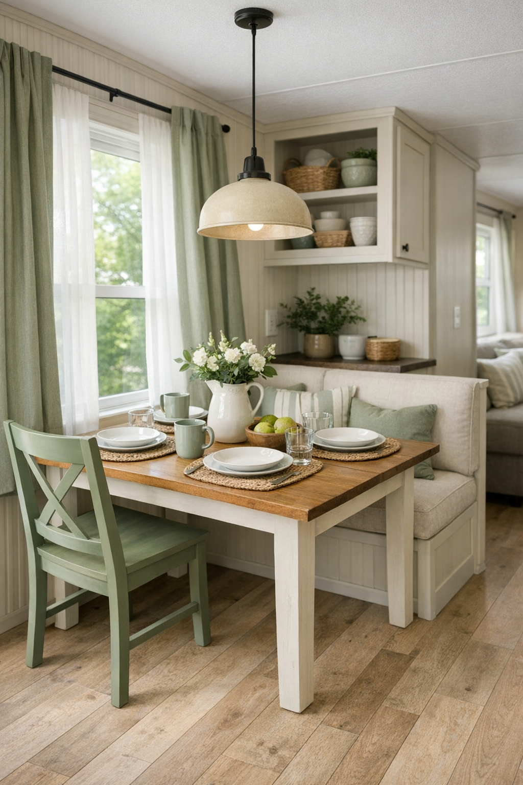 Bright cottage dining nook with a small wood table and simple pendant light