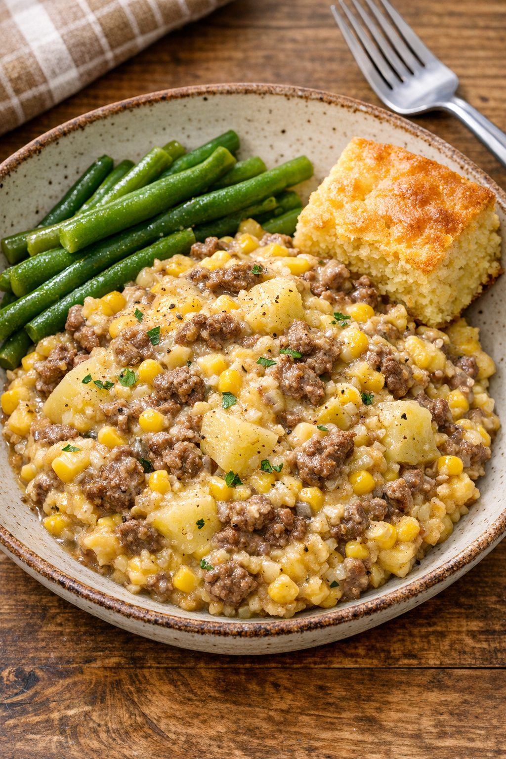 Plated slow cooker corn mash served in a bowl with a simple side