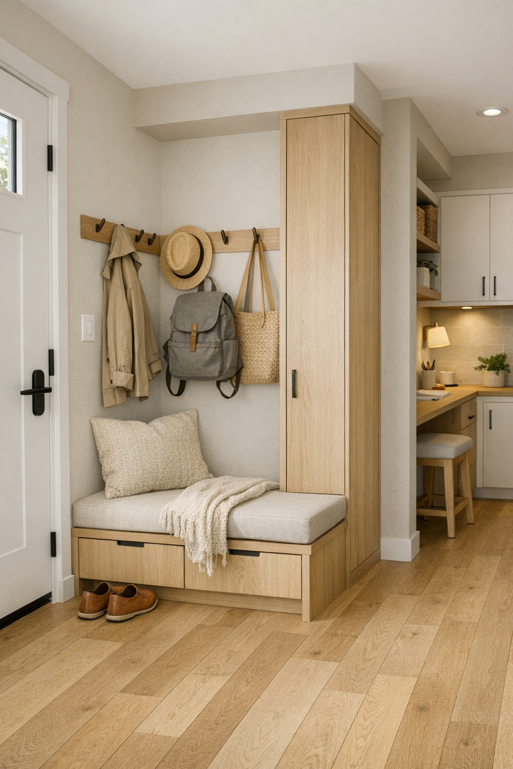 Tiny home entry and multipurpose area with built-in bench, storage, and pale wood details