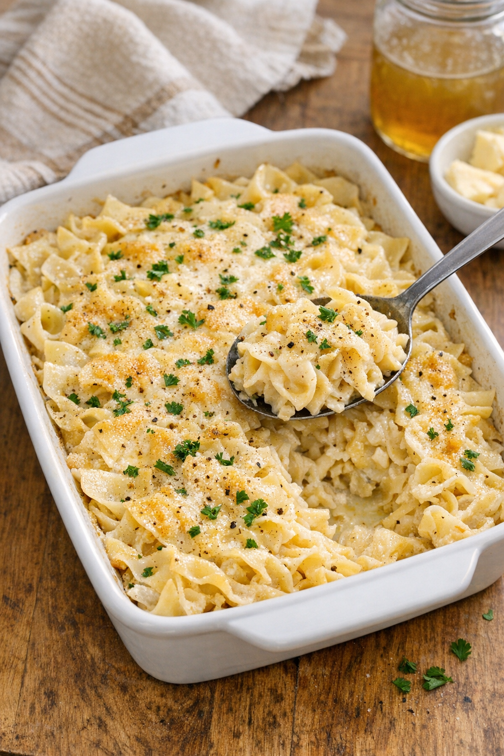 Finished baked garlic aioli egg noodles in a casserole dish