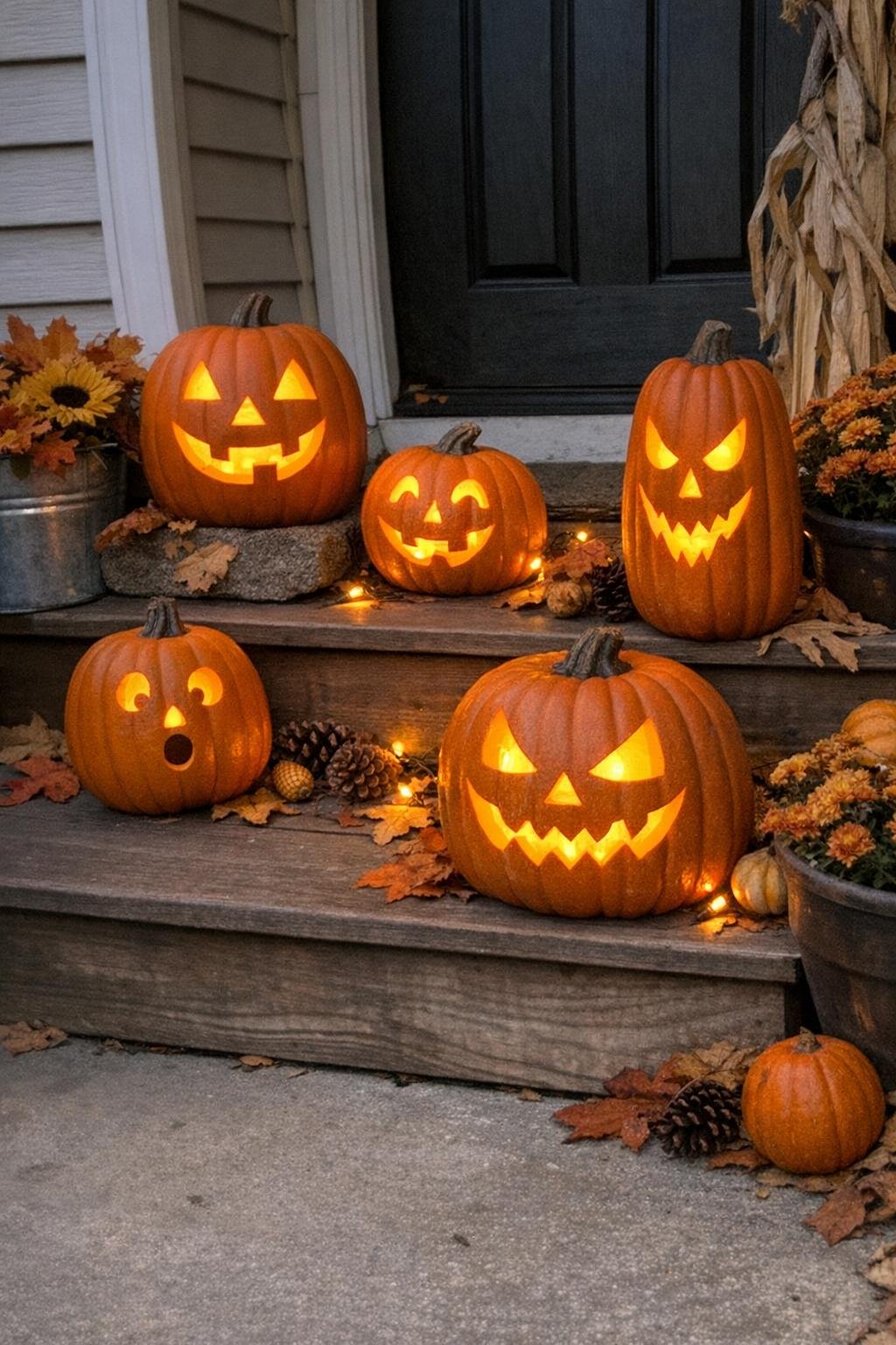 Foam pumpkins glowing with string lights on front steps