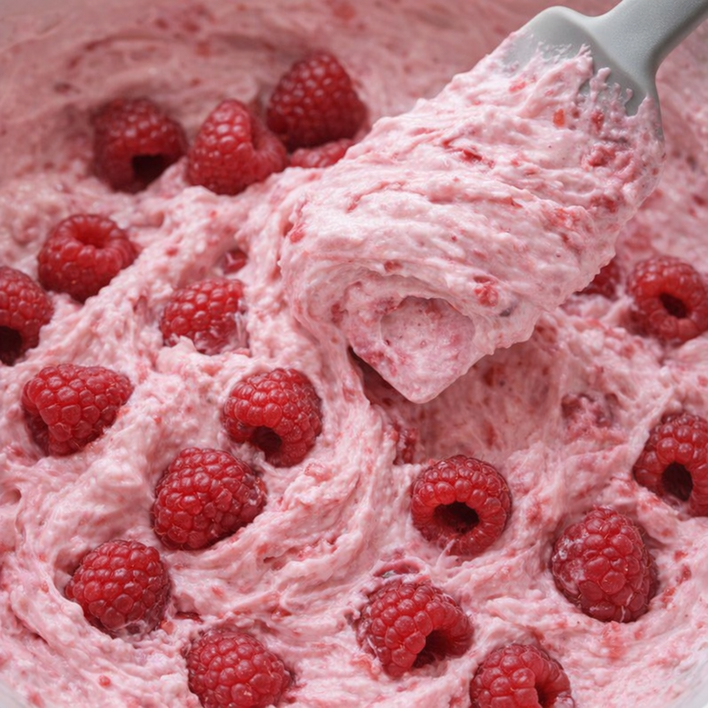 Fresh raspberries folded into pale pink fluff mixture