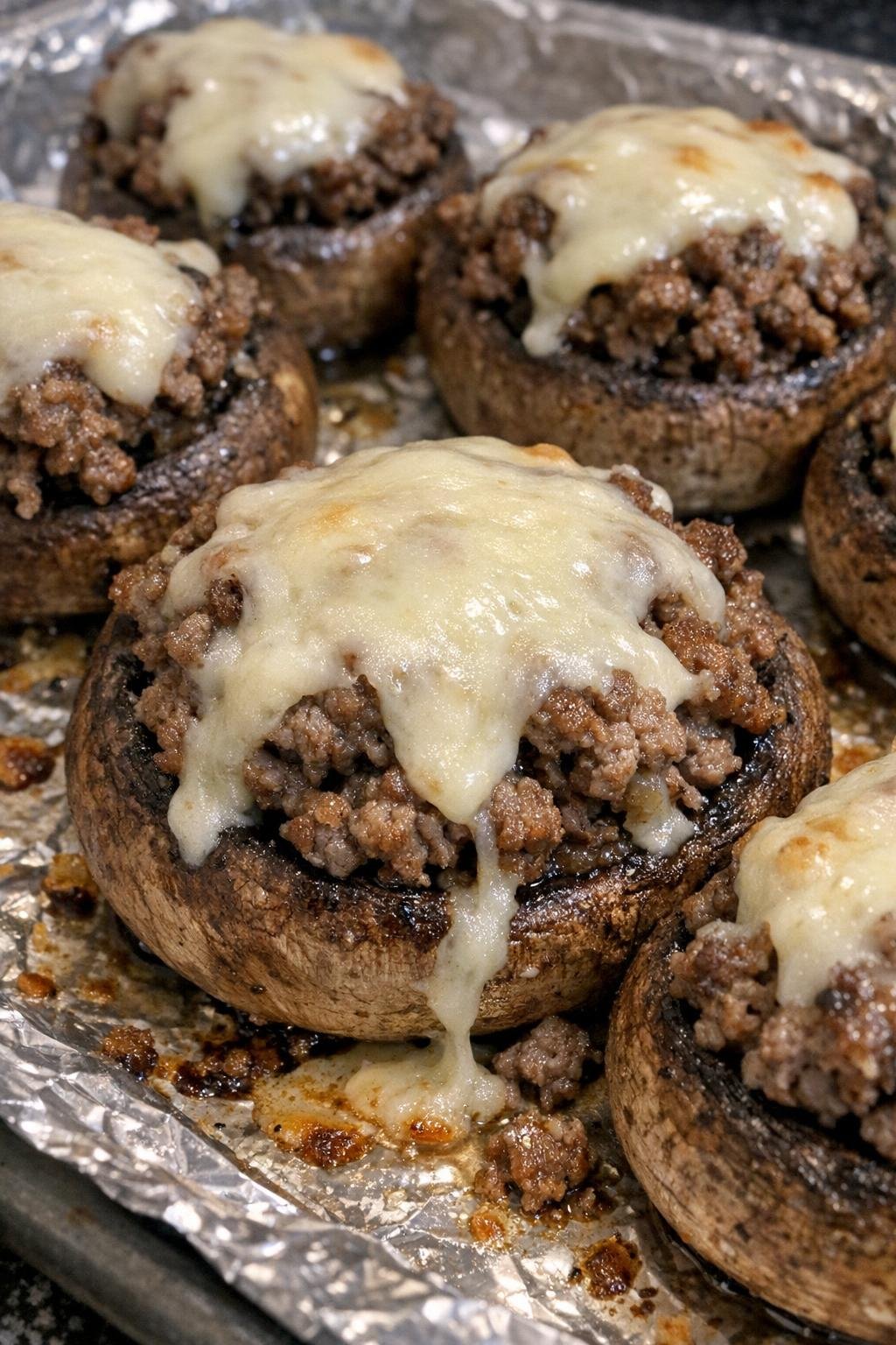 Oven baked beef stuffed mushrooms on a foil-lined baking sheet