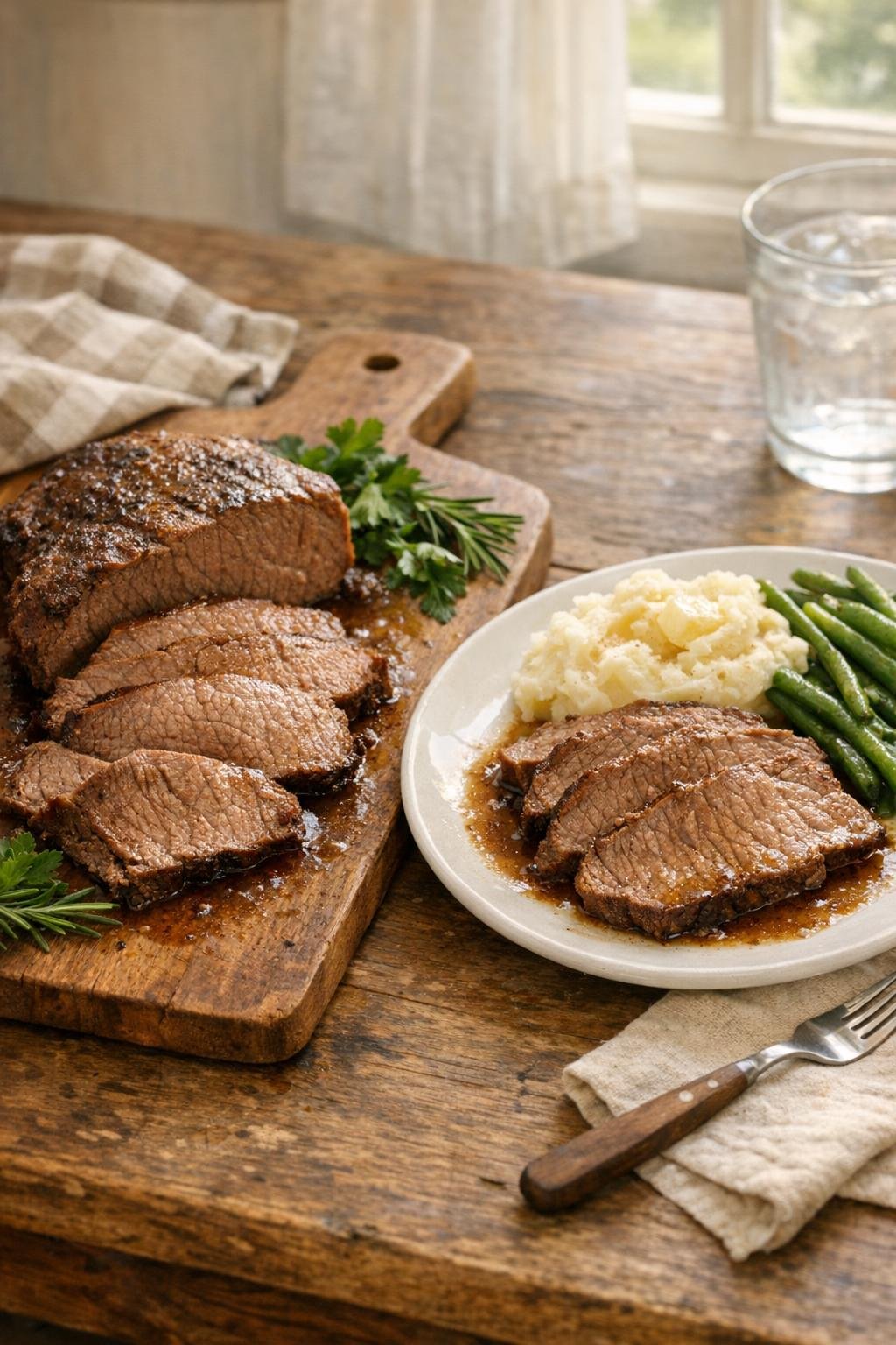 Finished plated sirloin tip roast with savory juices