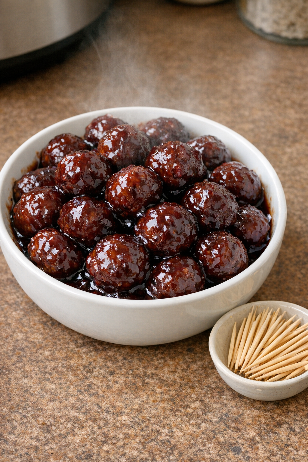 Finished grape jelly meatballs in a serving bowl