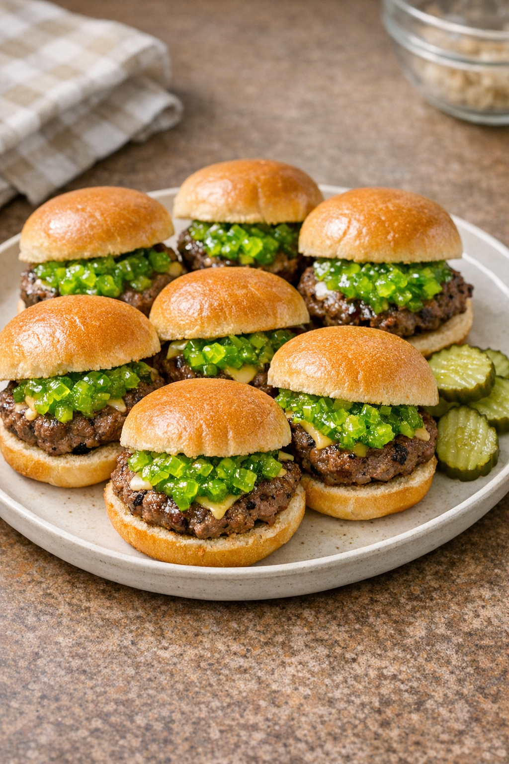 Finished neon relish beef sliders on a platter