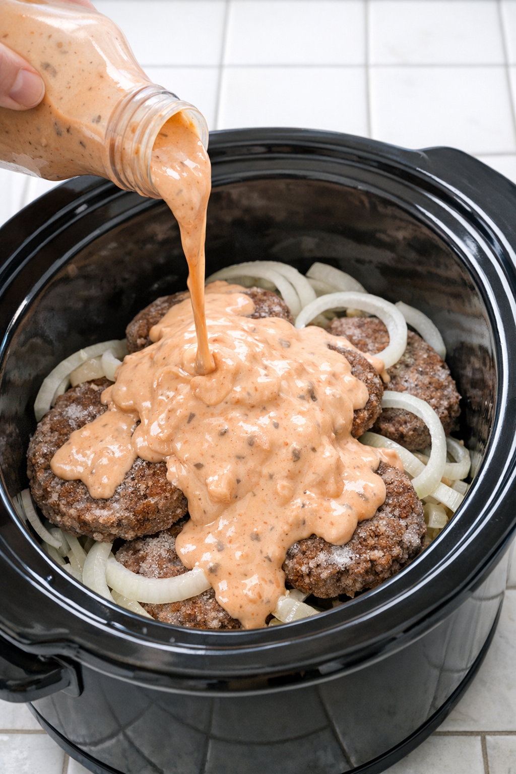 Thousand Island dressing poured over beef patties in the slow cooker