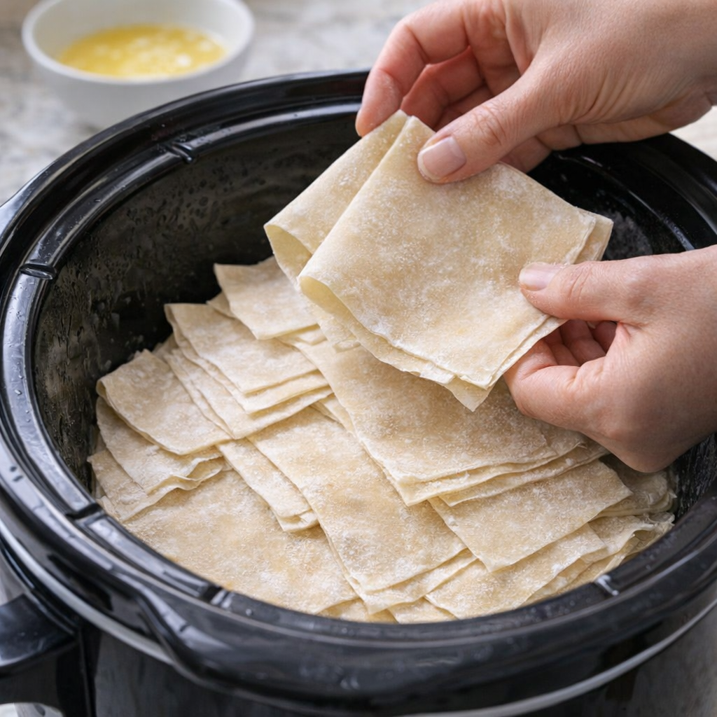 Frozen phyllo sheets layered into a slow cooker