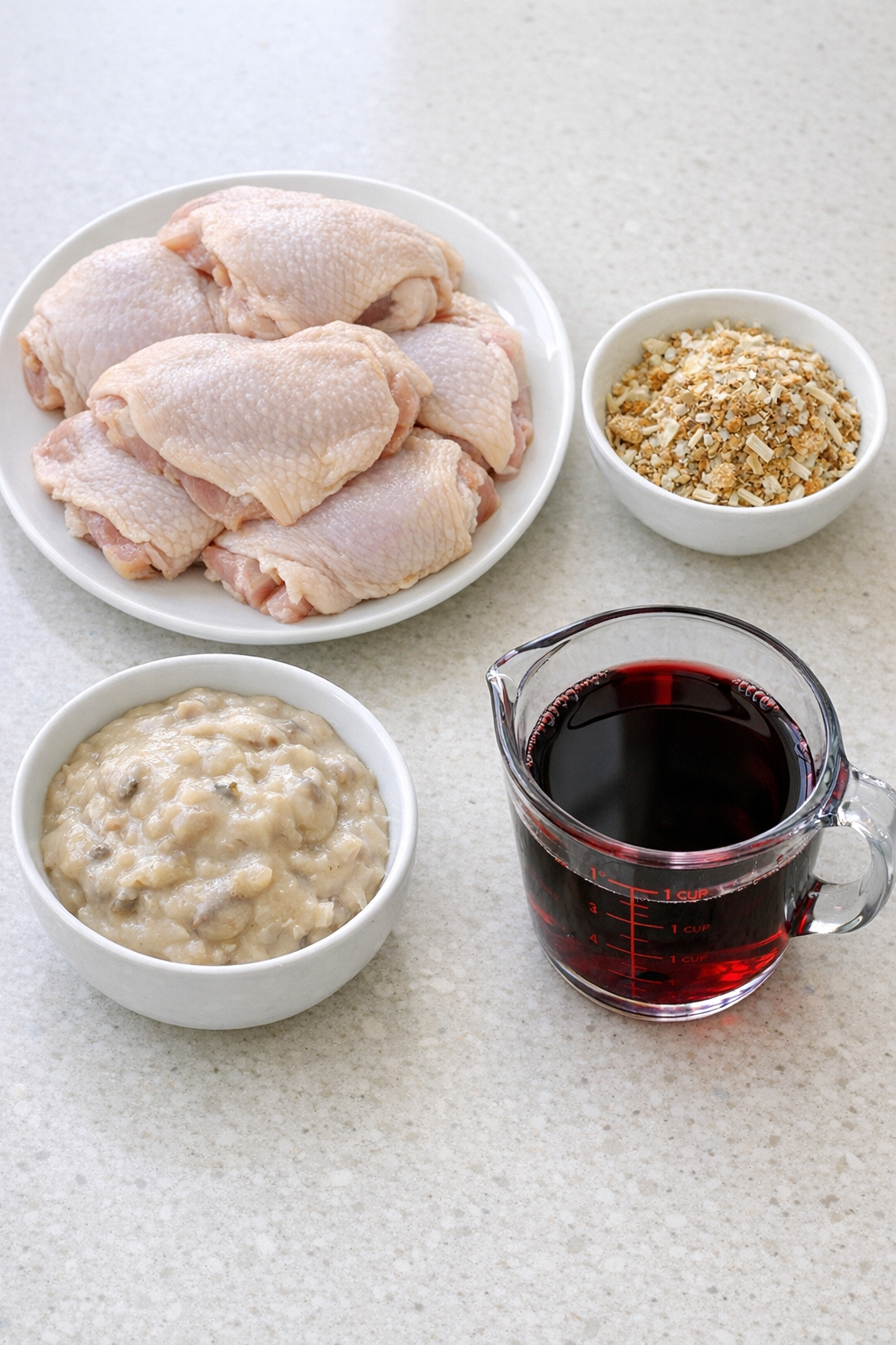 Main ingredients for chicken bourguignon